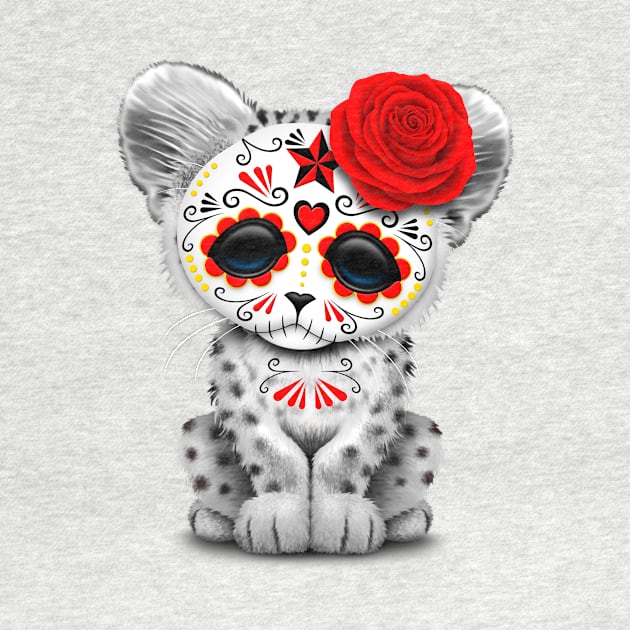 Red Day of the Dead Sugar Skull Snow Leopard Cub by jeffbartels